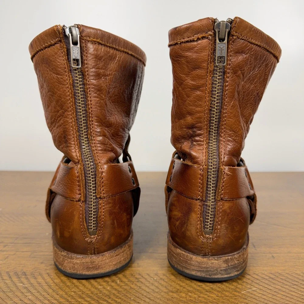 Frye Boots Men 11.5 D Brown Cognac Phillip Harness Zip Leather Biker Moto Cowboy